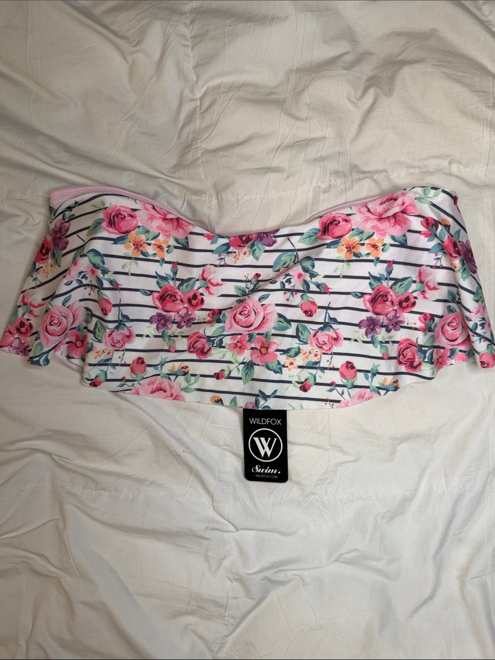 NWT Wildfox Swim Ruffle Bandeau Bikini Top Floral Stripe Pink